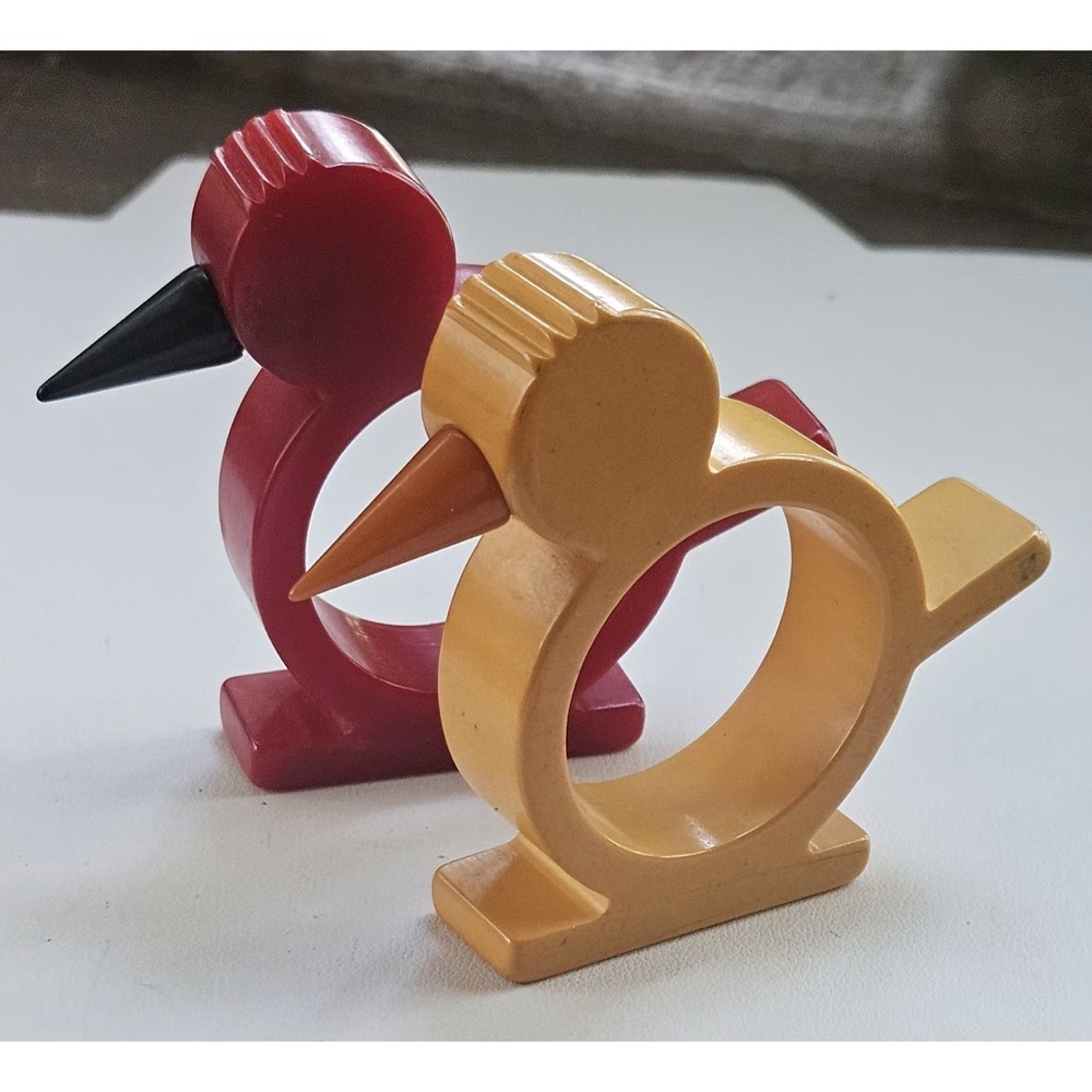 Set Of 2 Vintage Butterscotch & Red Bird Bakelite Napkin Rings